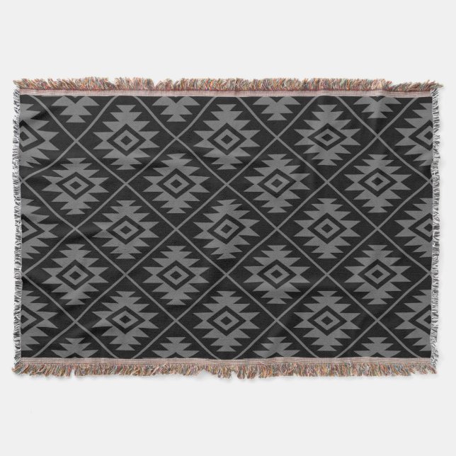 Aztec Symbol Stylized Pattern Gray on Black Throw Blanket (Front)