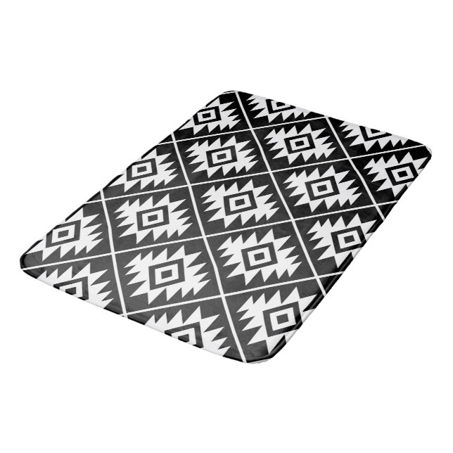 Aztec Symbol Stylized Pattern White on Black Bath Mat (Angled)