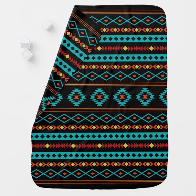 Aztec Teal Reds Yellow Black Mixed Motifs Pattern Baby Blanket (In Situ)