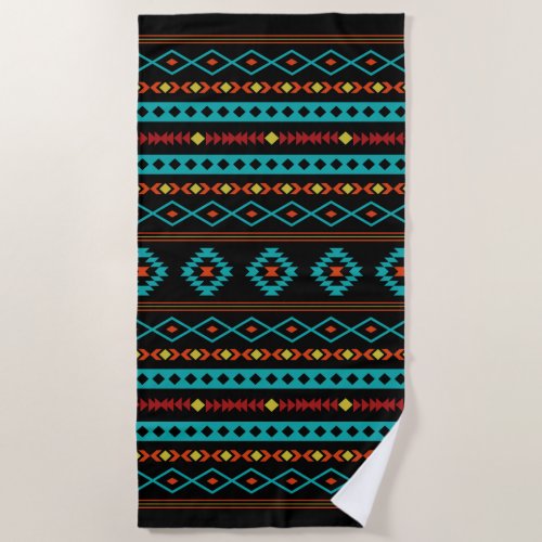 Aztec Teal Reds Yellow Black Mixed Motifs Pattern Beach Towel