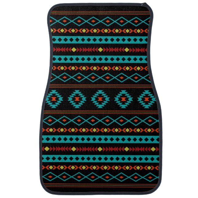 Aztec Teal Reds Yellow Black Mixed Motifs Pattern Car Floor Mat (Front)