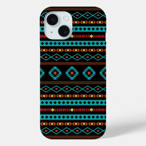 Aztec Teal Reds Yellow Black Mixed Motifs Pattern iPhone 15 Case