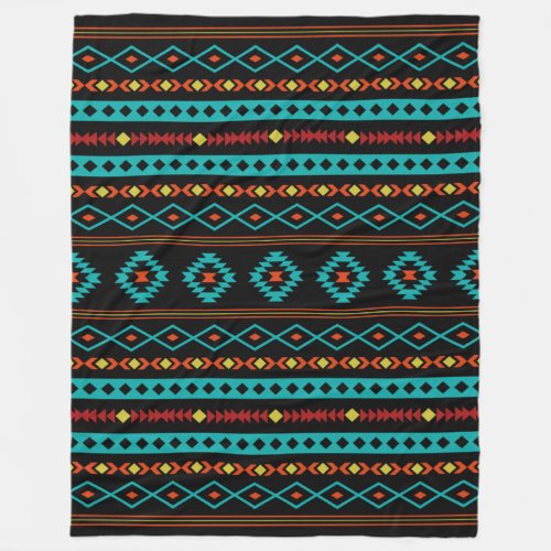 Aztec Teal Reds Yellow Black Mixed Motifs Pattern Fleece Blanket