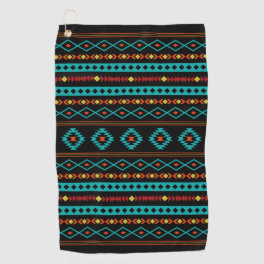 Aztec Teal Reds Yellow Black Mixed Motifs Pattern Golf Towel
