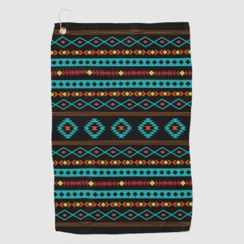 Aztec Teal Reds Yellow Black Mixed Motifs Pattern Golf Towel by NataliePaskellDesign at Zazzle
