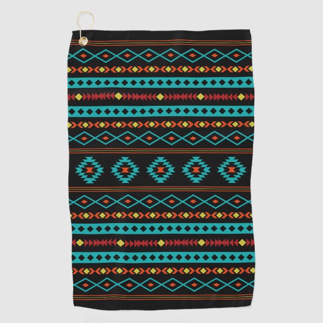 Aztec Teal Reds Yellow Black Mixed Motifs Pattern Golf Towel (Front)