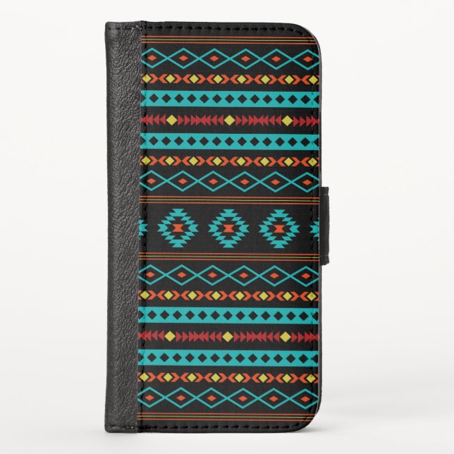 Aztec Teal Reds Yellow Black Mixed Motifs Pattern iPhone Wallet Case (Front)