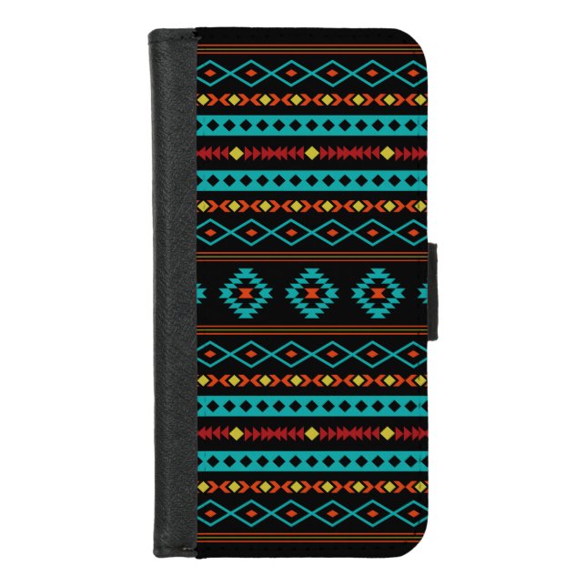 Aztec Teal Reds Yellow Black Mixed Motifs Pattern iPhone Wallet Case (Front)