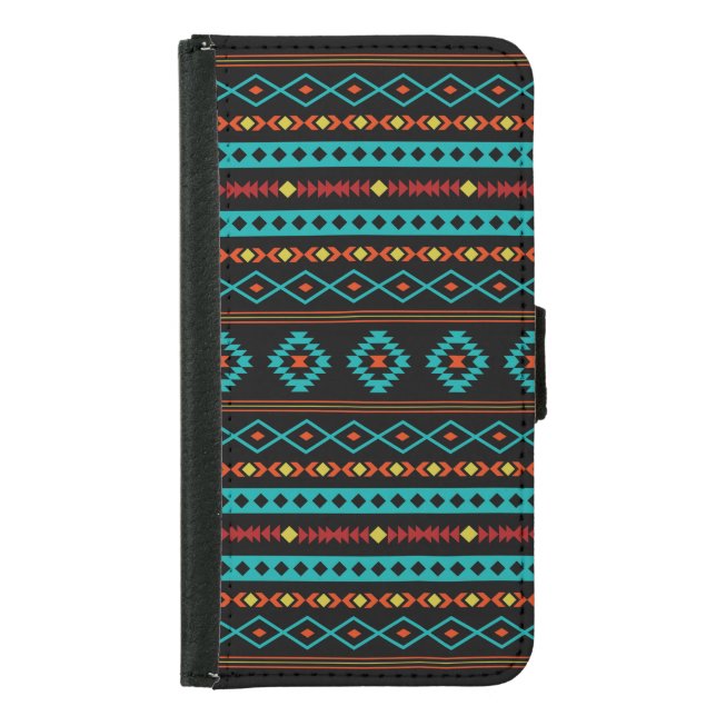 Aztec Teal Reds Yellow Black Mixed Motifs Pattern Samsung Galaxy Wallet Case (Front)