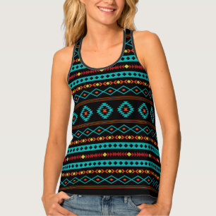 Aztec Teal Reds Yellow Black Mixed Motifs Pattern Tank Top