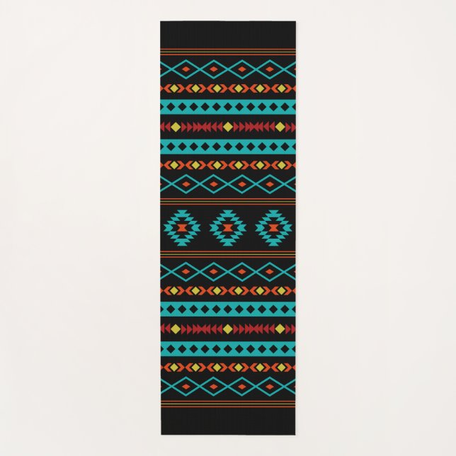 Aztec Teal Reds Yellow Black Mixed Motifs Pattern Yoga Mat (Front)