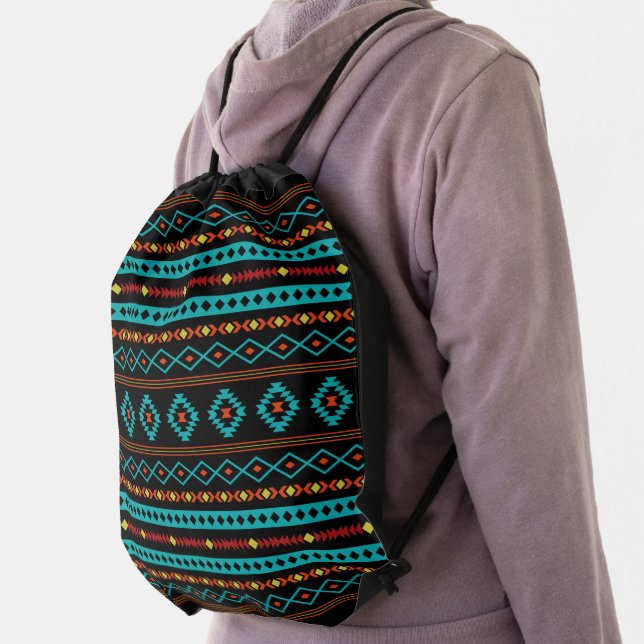 Aztec Teal Reds Yellow Blk Mixed Motifs Pattern Drawstring Bag (Insitu)