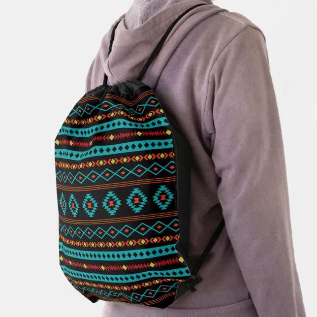 Aztec Teal Reds Yellow Blk Mixed Motifs Pattern Drawstring 