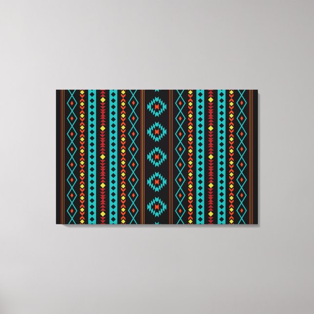 Aztec Teal Reds Yellow Blk Mixed Motifs V Pattern Canvas Print (Front)