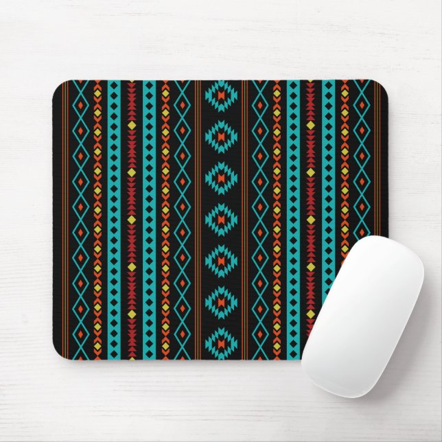 Aztec Teal Reds Yellow Blk Mixed Motifs V Pattern Mouse Pad (With Mouse)