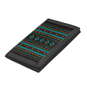 Aztec Teal Reds Yellow Blk Mixed Motifs V Pattern Tri-fold Wallet