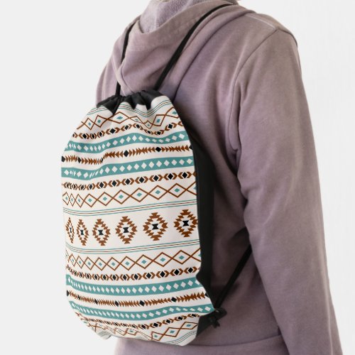 Aztec Teal Terracotta Black Cream Mixed Pattern Drawstring Bag