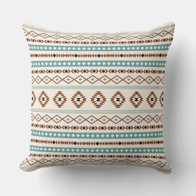 Aztec Teal Terracotta Black Cream Mixed Pattern Outdoor Pillow (Front)
