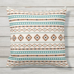 Aztec Teal Terracotta Black Cream Mixed Pattern Outdoor Pillow