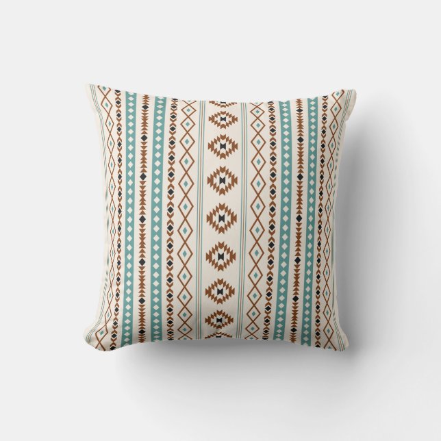 Aztec Teal Terracotta Black Cream Mixed (V)Pattern Outdoor Pillow (Front)