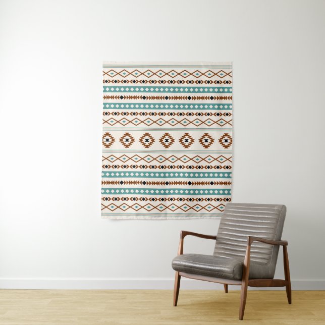 Aztec Teal Terracotta Blk Crm Mixed Motifs Pattern Tapestry (In Situ)