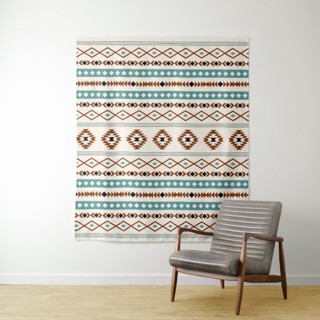 Aztec Teal Terracotta Blk Crm Mixed Motifs Pattern Tapestry (In Situ)