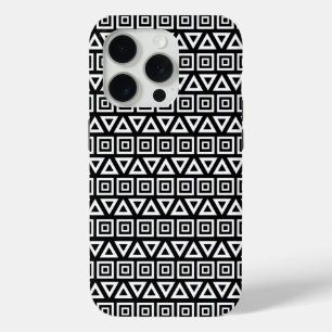 Aztec Triangles+Squares Pattern White on Black iPhone 15 Pro Case