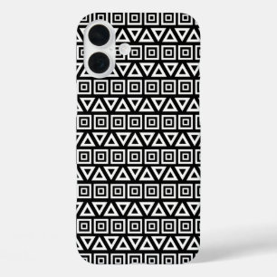 Aztec Triangles+Squares Pattern White on Black iPhone 16 Plus Case