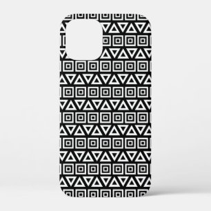 Aztec Triangles+Squares Pattern White on Black iPhone 12 Mini Case