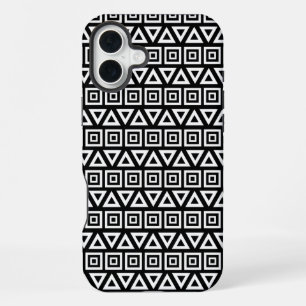 Aztec Triangles+Squares Pattern White on Black iPhone 16 Plus Case