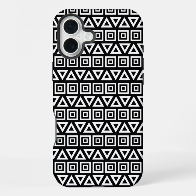 Aztec Triangles+Squares Pattern White on Black iPhone Case (Back)