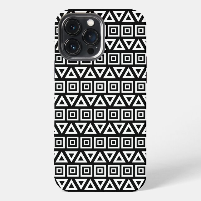 Aztec Triangles+Squares Pattern White on Black iPhone Case (Back)