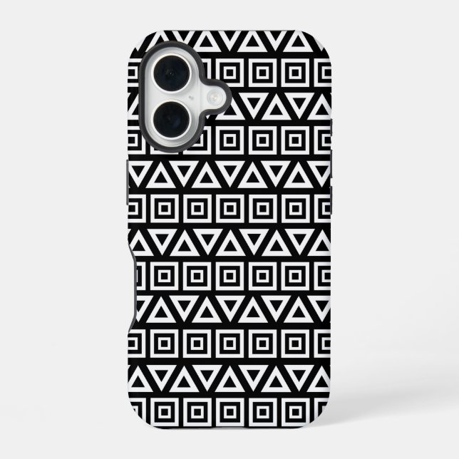 Aztec Triangles+Squares Pattern White on Black iPhone Case (Back)