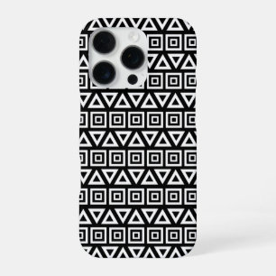 Aztec Triangles+Squares Pattern White on Black iPhone 16 Pro Case