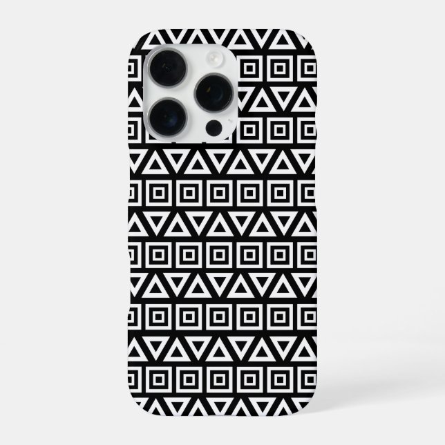 Aztec Triangles+Squares Pattern White on Black iPhone Case (Back)