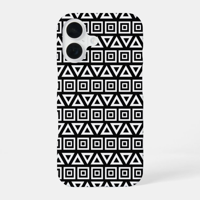 Aztec Triangles+Squares Pattern White on Black iPhone Case (Back)