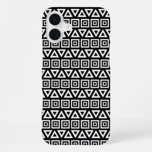 Aztec Triangles+Squares Pattern White on Black iPhone 16 Plus Case
