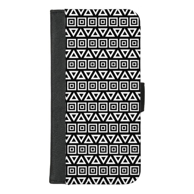 Aztec Triangles+Squares Pattern White on Black iPhone Wallet Case (Front)
