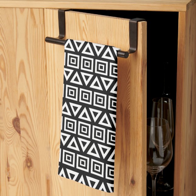 Aztec Triangles+Squares Pattern White on Black Kitchen Towel (Thirds Fold)