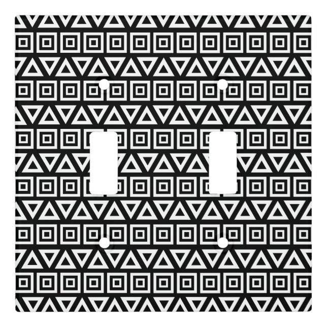 Aztec Triangles+Squares Pattern White on Black Light Switch Cover (Front)