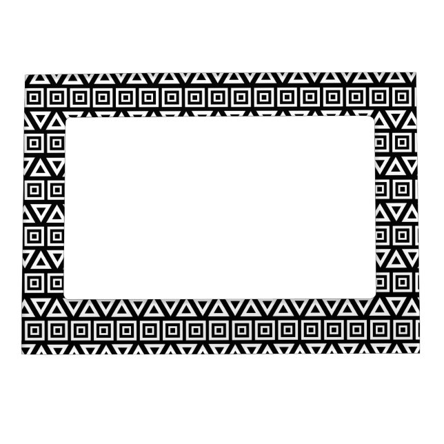 Aztec Triangles+Squares Pattern White on Black Magnetic Frame (Front)