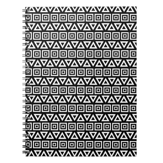 Aztec Triangles+Squares Pattern White on Black Notebook (Front)