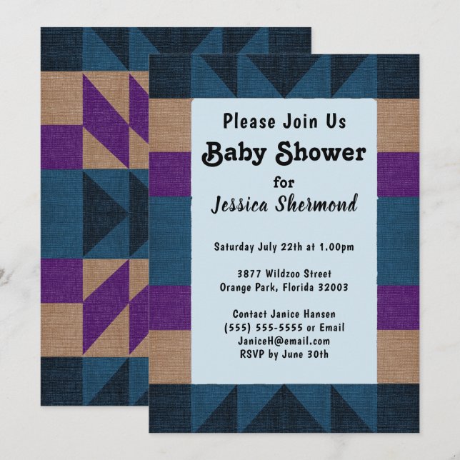 Aztec Tribal Abstract Baby Shower Blue Purple Tan Invitation (Front/Back)