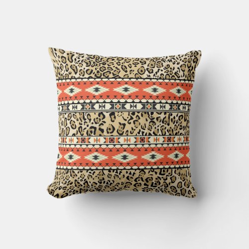 Aztec Tribal Art Leopard Print Pattern Throw Pillow