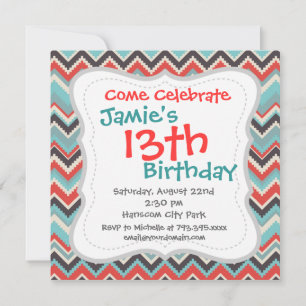 Aztec Tribal Chevron Zig Zag Pattern Red Blue Gray Invitation