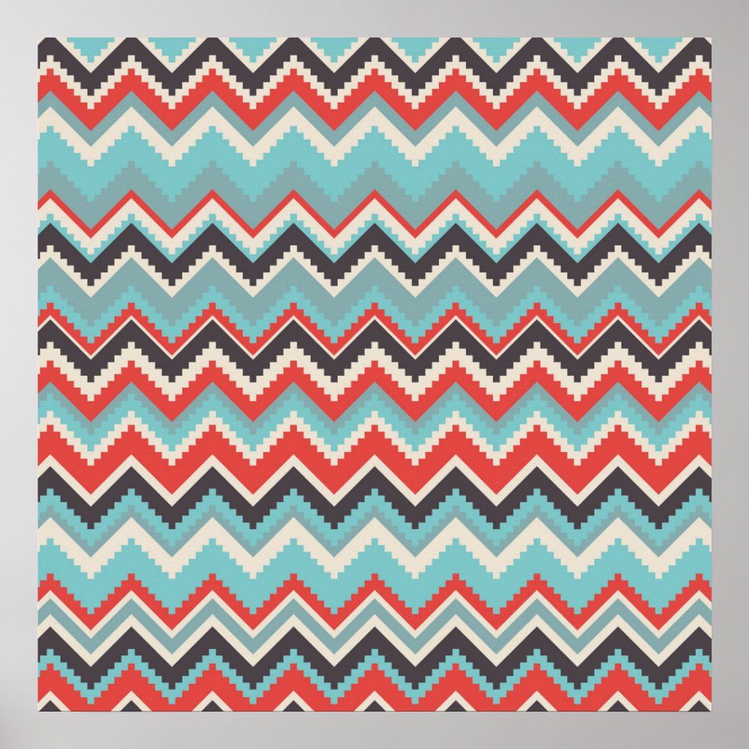 Aztec Tribal Chevron Zig Zag Pattern Red Blue Gray Poster | Zazzle