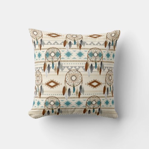 Aztec Tribal Dream Catchers Neutral Browns  Teal Throw Pillow