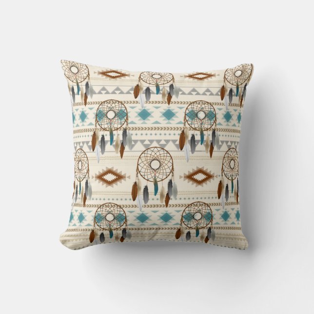 Aztec Tribal Dream Catchers Neutral Browns & Teal Throw Pillow (Front)