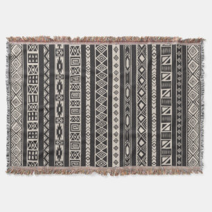 Aztec Tribal Ethnic Geometric Pattern Black Beige Throw Blanket