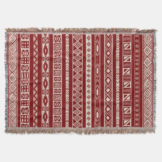 Aztec Tribal Ethnic Geometric Pattern Red Beige Throw Blanket (Front)